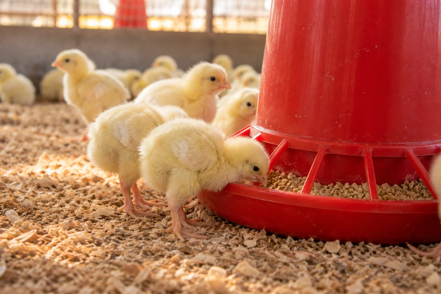 Day-old chicks at a poultry feeder