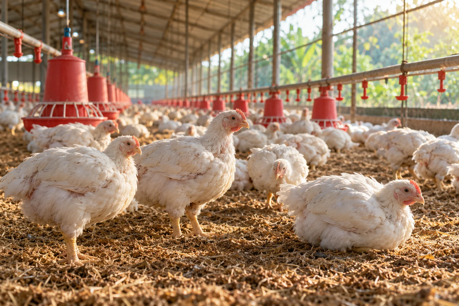Broiler chickens inside an open-sided poultry shed